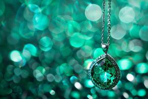 Jewelry pendant with emerald on bokeh background photo