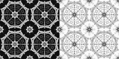 Seamless pattern with circular ornament like mandala with chamomile flower in center, fantasy dragonfly with curled antennae. Geometric background. Black and white illustration in Art Nouveau style vector