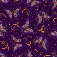 Mysterious seamless pattern with fantasy colored butterflies, glowing curled beam lights. Art Nouveau style. Vintage style. vector
