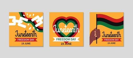 Juneteenth celebration cards set. Greeting square post background for Social media. Simple background with broken shackles, chains and Pan African flag, hands and heart. flat illustration. vector