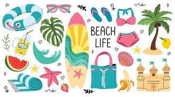 Summer Stickers Set. Beach accessories icons for web. Beach life lettering. Tropical vacation. Lemonade, sand castle, swimsuit, surfing, wave, palm tree, lifebuoy. illustration. vector