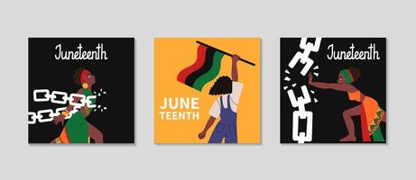 Juneteenth celebration cards set. African-American woman with Pan African flag. Woman in ethnic clothes breaks shackles, chains. Greeting square post background for Social media. illustration. vector