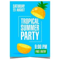 Tropical summer party poster with a juicy exotic pineapple fruit cut in half suitable for invitation banner, leaflet or flyer for summertime entertainment and relaxing event. vector