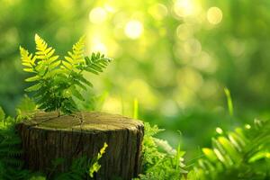 Green fern growing on a stump in the forest with golden sun bokeh effect, natural ecological podium for your product photo