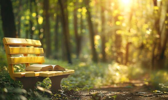 Wooden bench with book on it in the forest with golden sun rays and bokeh effect, natural ecological background for your product photo