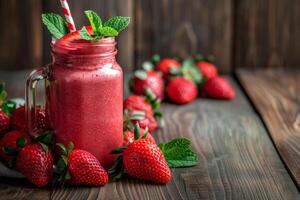 strawberry smoothie in a glass jar and juicy ripe strawberries on a wooden plank table against the background of an old wooden wall photo