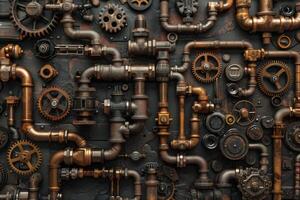 Industrial metal pipes, gears and cogwheels on steampunk dark background photo