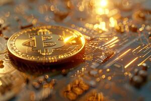Golden bitcoin on the motherboard close-up. Cryptocurrency concept photo