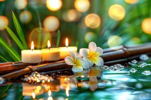 Three burning cosmetic candles on a bamboo stand, tropical flowers and leaves reflected in the water, sun bokeh, relaxation spa background photo