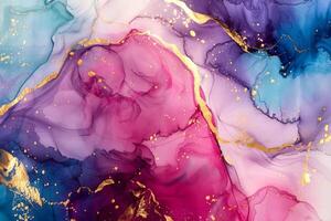 Beautiful abstract background with an alcohol ink marble pattern in blue and pink colors, with golden cracks lines, watercolor painting photo