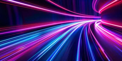 Futuristic tunnel made of glowing neon purple and violet lines. Abstract motion background photo