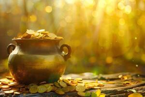 Pot of gold coins on blurred nature golden background. Golden coins in the pot. photo