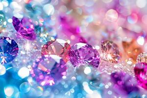 colorful diamonds on bokeh background, macro with shallow depth of field photo