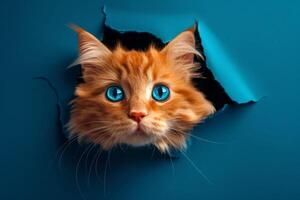Cute fluffy ginger cat peeking through a hole in blue paper. photo