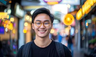 Portrait of young Asian man wearing sunglasses smiling and walking in the city street photo