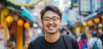 Portrait of young Asian man wearing sunglasses smiling and walking in the city street photo