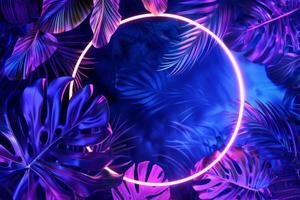 Vibrant neon blue and purple tropical palm leaves and plants, neon circle frame, abstract banner, background photo