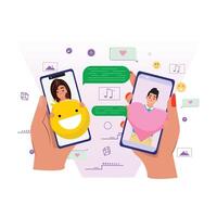 Two smartphones in hands, displaying characters with large emojis, chat bubbles, and social media icons vector