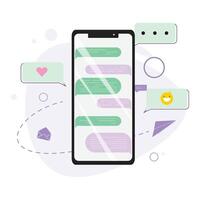 Smartphone displaying chat interface with social media elements including heart, smiley face, speech bubble and envelope vector