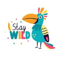 Motivation card with bright exotic bird and flowers illustration in flat style and you are the best hand drawn lettering vector