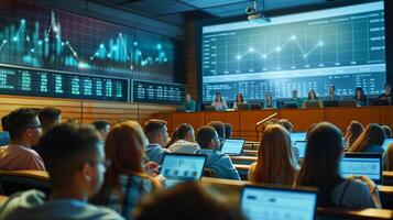 A university lecture hall where students of various ages are engaged in a digital presentation photo