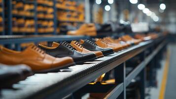 A side view of a conveyor system as pairs of casual shoes arrive, smoothly gliding along the belts. Each pair, showcasing its unique style and design photo