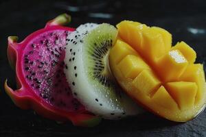 Exotic Sliced Fruits Assortment with Vivid Textures, Close-up of exotic fruits including kiwi, dragon fruit, and mango, showcasing their vivid textures and colors. photo