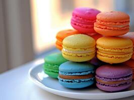 Close-up of a whimsically stacked assortment of macarons in a rainbow of colors, placed on a simple white plate against a soft, neutral background. photo