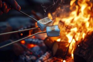 Toasting Marshmallows over a Campfire, Two hands holding marshmallows on sticks over a campfire, perfectly toasted for a sweet treat. photo