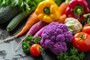 Fresh Vegetables Assortment on Slate Background, A composition of fresh vegetables, including purple cauliflower, radishes, carrots, and tomatoes, on a dark slate background. photo