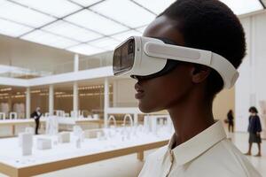 African American Woman Using Virtual Reality Headset, An African American woman is using a VR headset, gesturing with her hands as she interacts with a virtual environment. photo