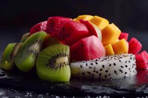 Exotic Sliced Fruits Assortment with Vivid Textures, Close-up of exotic fruits including kiwi, dragon fruit, and mango, showcasing their vivid textures and colors. photo