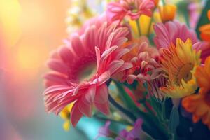 Vibrant Bouquet of Flowers with Bokeh Background, A colorful bouquet with roses, daisies, and lilies, highlighted by a glistening bokeh background. photo