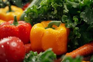 Vibrant Fresh Vegetables with Morning Dew, Crisp bell peppers, leafy greens, and carrots glistening with morning dew, showcasing freshness and natural beauty. photo