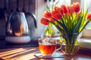 Serene Morning Tea with Blooming Tulips, A steaming cup of tea on a wooden table with bright tulips in the soft morning light, creating a peaceful ambiance. photo