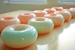 Pastel Donuts in a Row on Bright Wooden Table, A selection of pastel-colored donuts with sprinkles, lined up on a sunny wooden table. photo