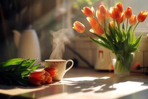 Serene Morning Tea with Blooming Tulips, A steaming cup of tea on a wooden table with bright tulips in the soft morning light, creating a peaceful ambiance. photo