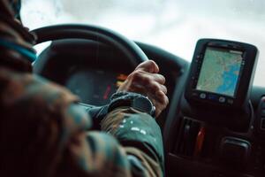 Driver Navigating with GPS, Close-up of a driver's hand on a steering wheel, wearing a smartwatch with GPS navigation, focusing on the journey ahead. photo