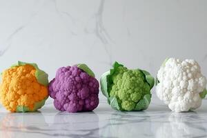 Colorful Cauliflower Varieties on Marble Background, An array of vibrant orange, purple, green, and white cauliflower heads against a clean marble background. photo