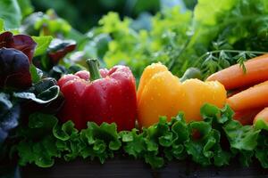 Vibrant Fresh Vegetables with Morning Dew, Crisp bell peppers, leafy greens, and carrots glistening with morning dew, showcasing freshness and natural beauty. photo