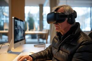 Senior Man Exploring Virtual Reality, A senior man is fully immersed in a virtual reality experience, wearing a VR headset while working on a computer. photo
