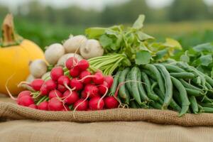 Assortment of Fresh Garden Vegetables on Burlap, Freshly picked radishes, squash, and green beans displayed on burlap, embodying a rustic harvest vibe. photo