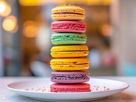 Elegant Macaron Stack with a Bokeh Background, A stack of pastel macarons on a white plate, accentuated by a soft bokeh background for an elegant presentation. photo