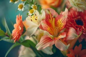 Vibrant Bouquet of Flowers with Bokeh Background, A colorful bouquet with roses, daisies, and lilies, highlighted by a glistening bokeh background. photo