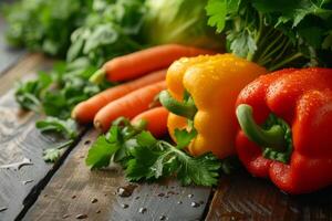 Vibrant Fresh Vegetables with Morning Dew, Crisp bell peppers, leafy greens, and carrots glistening with morning dew, showcasing freshness and natural beauty. photo