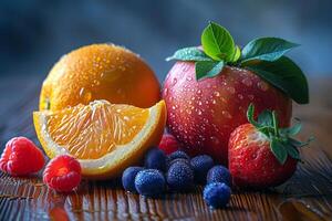Fresh organic fruits, close up of juicy berries, citrus, and apples, dew drops visible on the surface, arranged on a natural wood surface, morning light accentuating the vibrant colors and textures photo