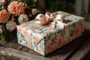 A close-up shot of a beautifully wrapped Mother's Day gift, a delicate bow on top, placed on a rustic wooden table with a bouquet of spring flowers. photo