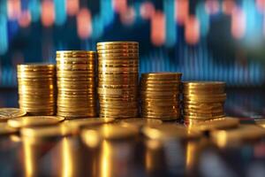 Economic Stability Concept with Coin Stacks and Financial Charts, Stacked coins in front of defocused stock market charts, symbolizing economic stability and investment. photo