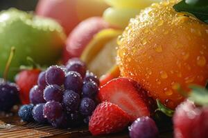 Fresh organic fruits, close up of juicy berries, citrus, and apples, dew drops visible on the surface, arranged on a natural wood surface, morning light accentuating the vibrant colors and textures photo