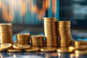Economic Stability Concept with Coin Stacks and Financial Charts, Stacked coins in front of defocused stock market charts, symbolizing economic stability and investment. photo